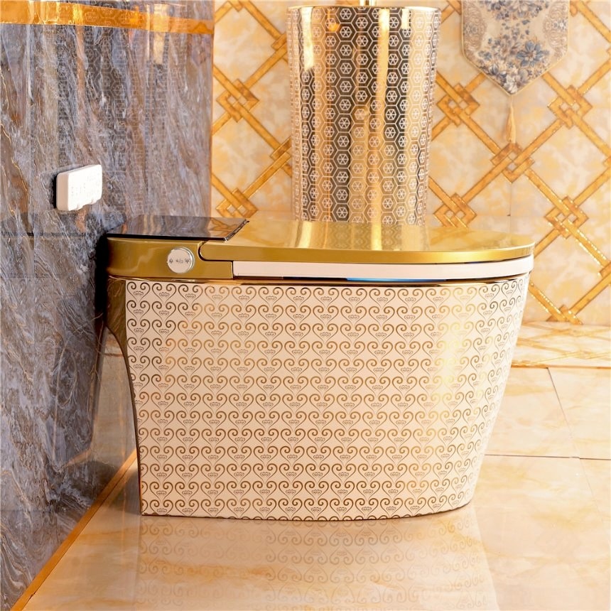 Luxury Gold & White Smart Toilet with Filigree Pattern  -  Gold Toilets