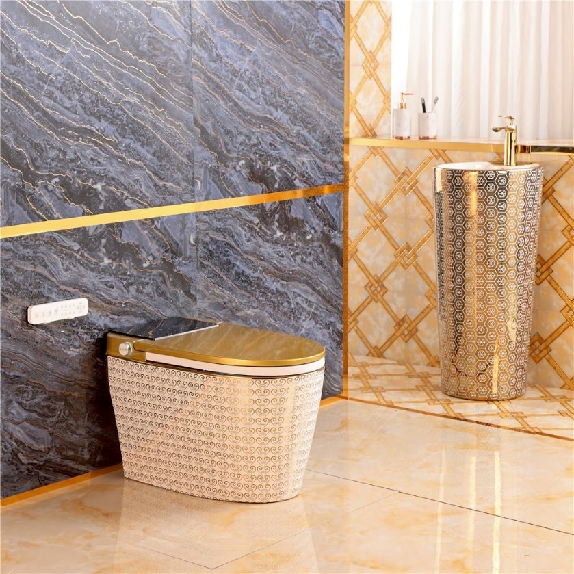 Luxury Gold & White Smart Toilet with Filigree Pattern  -  Gold Toilets